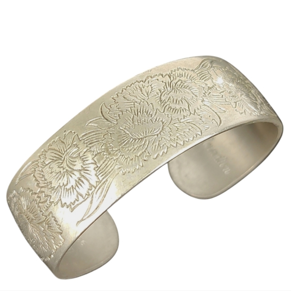 Kirk Stieff Pewter "Carnation" Engraved Floral Cuff Bracelet Vintage 7"